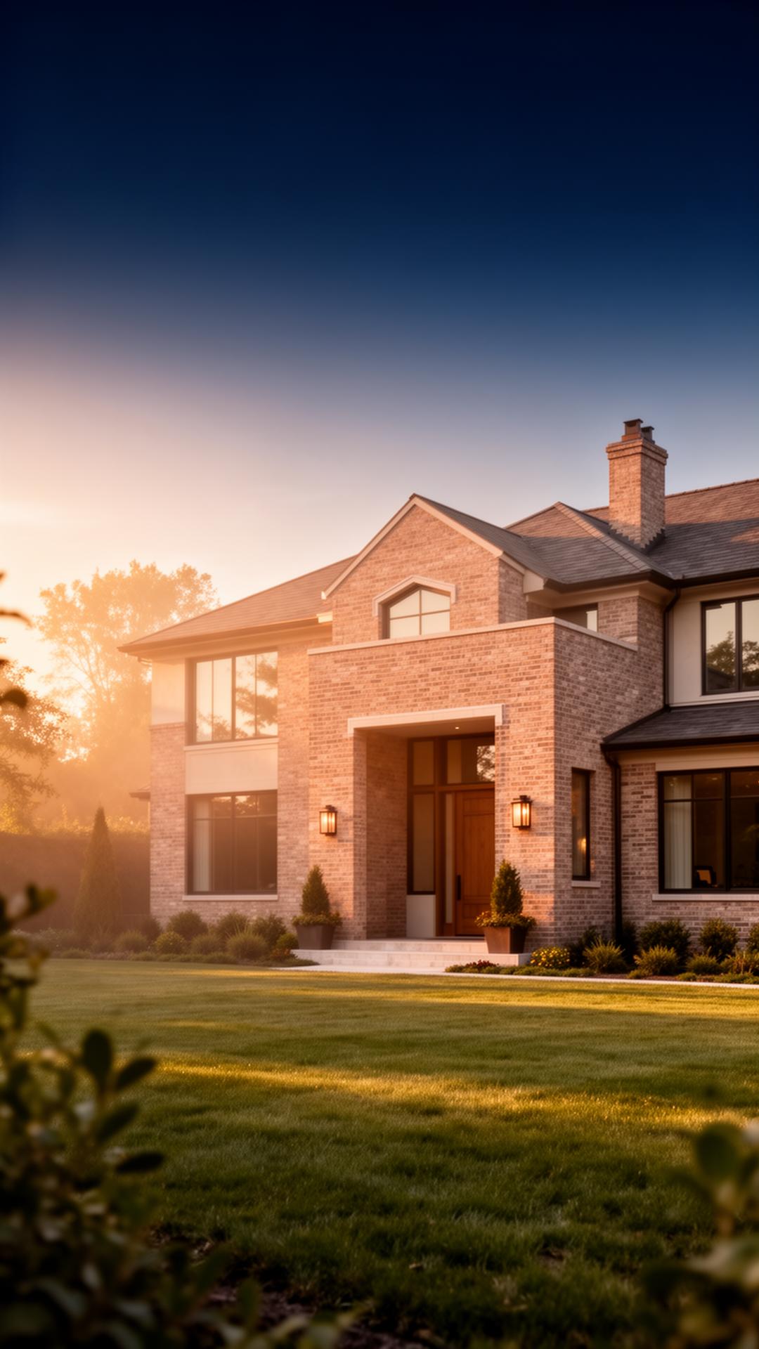 Modern brick home at golden hour